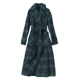 Green Retro Plaid Print Waist Coat Woolen Coat New Mid-Length Autumn And Winter Women's Clothing