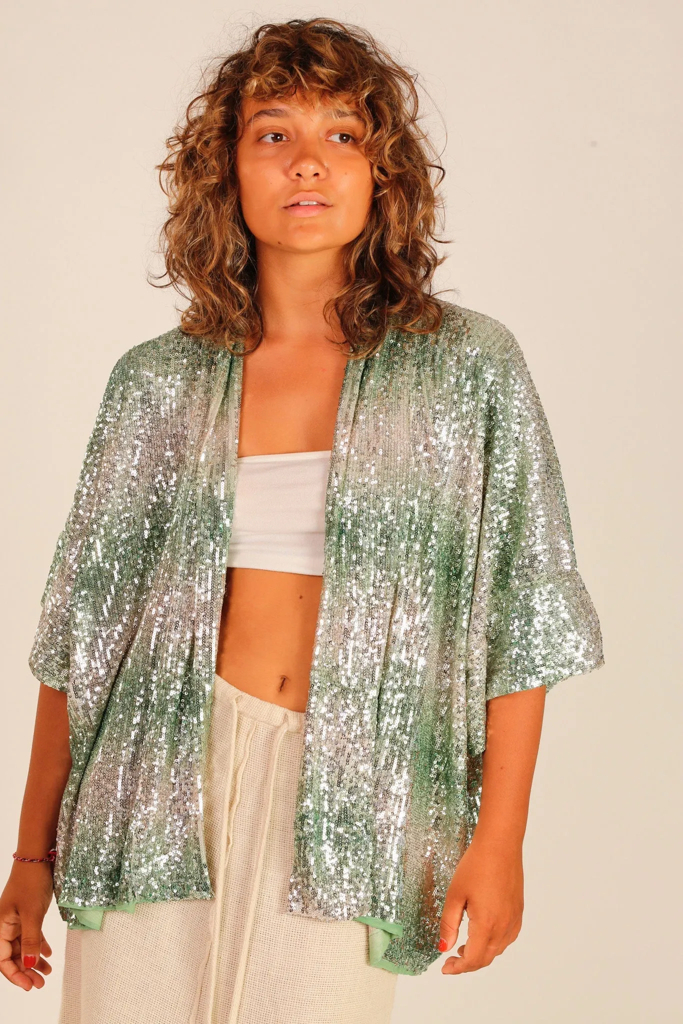 GREEN SEQUIN SHORT KIMONO LUKA