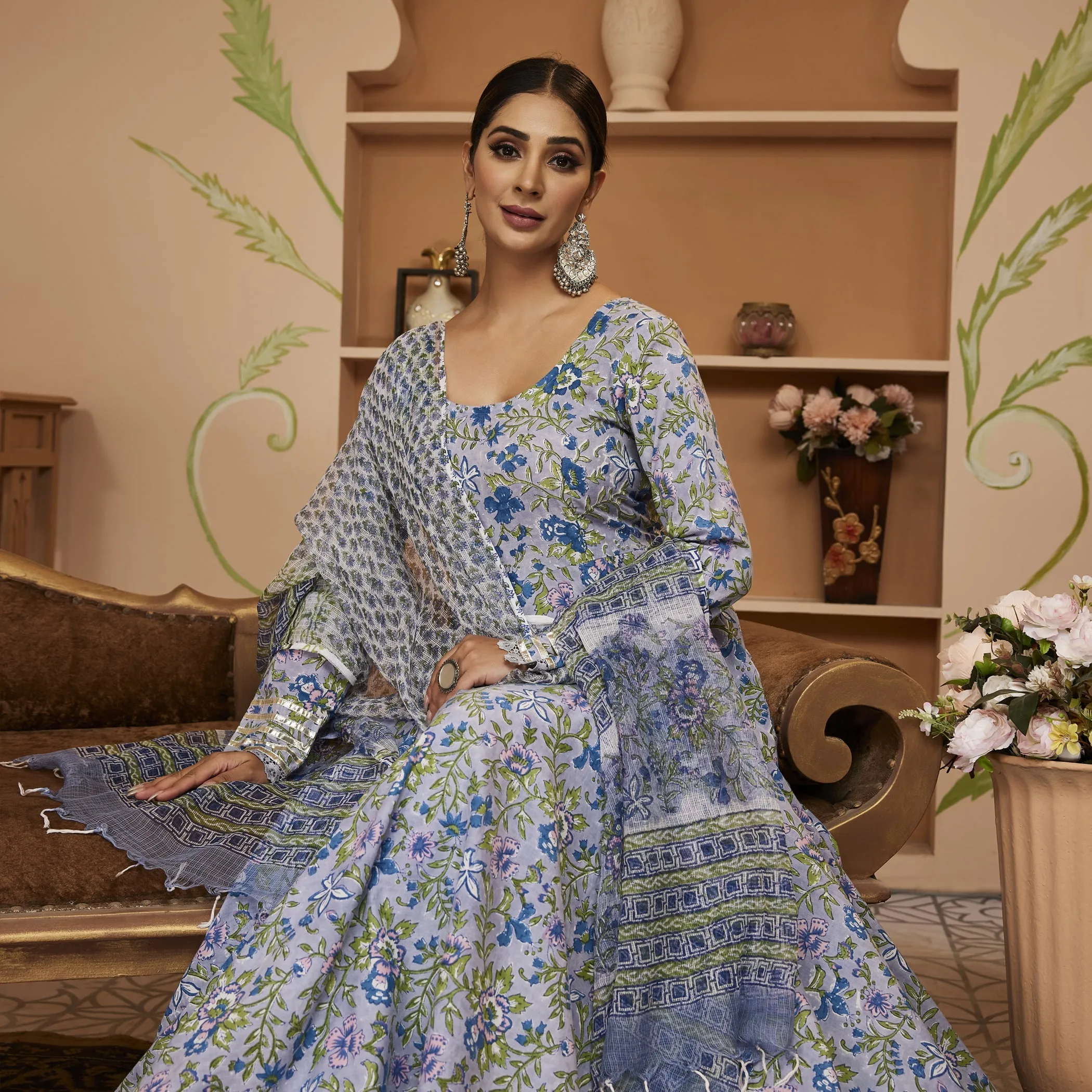 Hand Block Floral Printed Blue Anarkali Cotton Kurta With Trousers & Dupatta