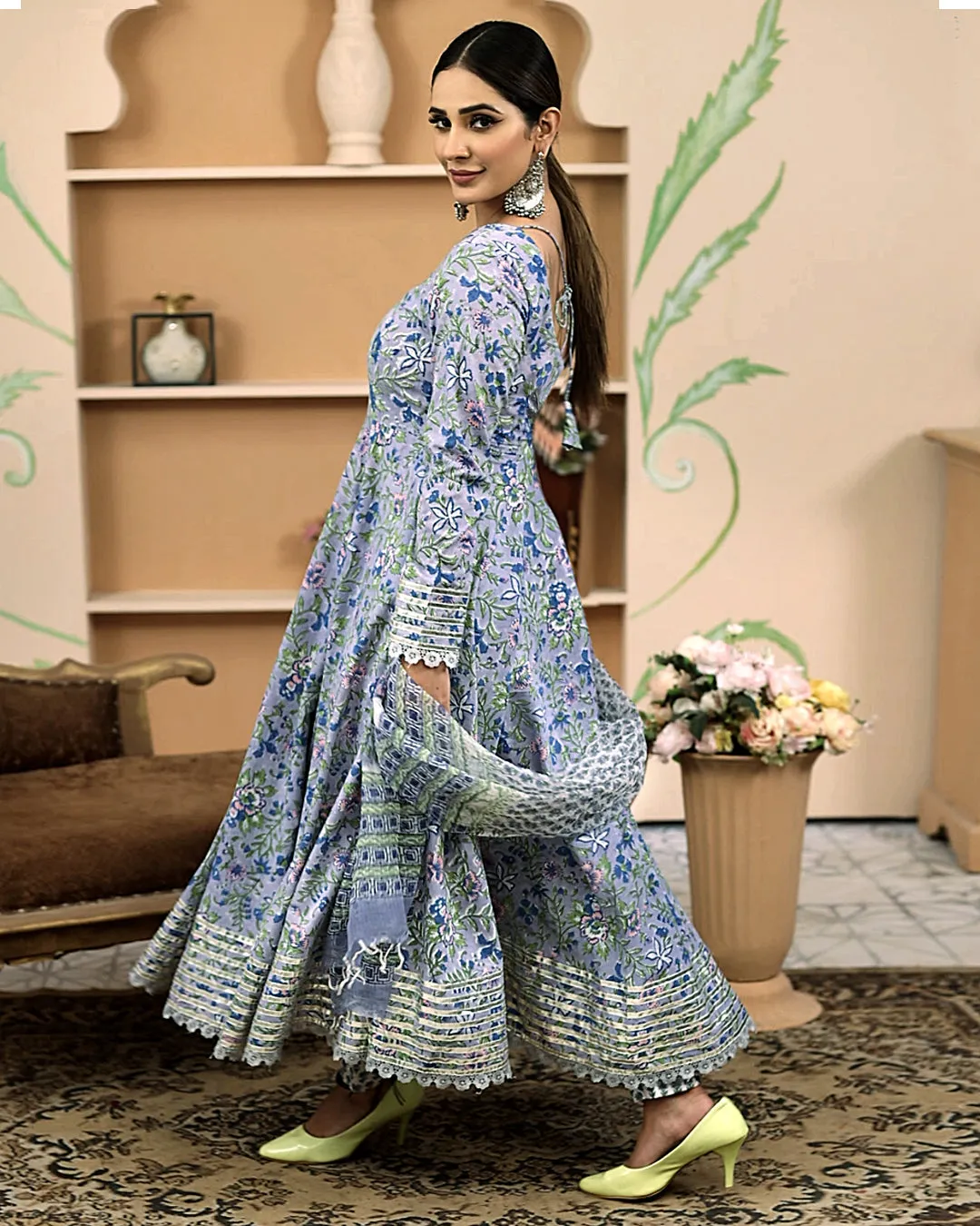 Hand Block Floral Printed Blue Anarkali Cotton Kurta With Trousers & Dupatta