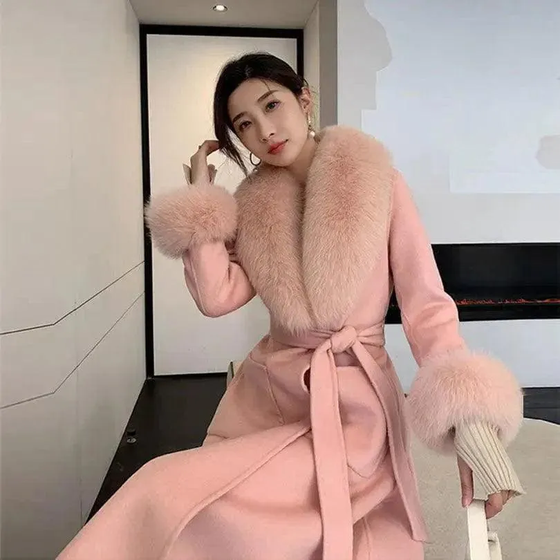 Korean Version Large Fur Collar Slim Fit Medium Long Woolen