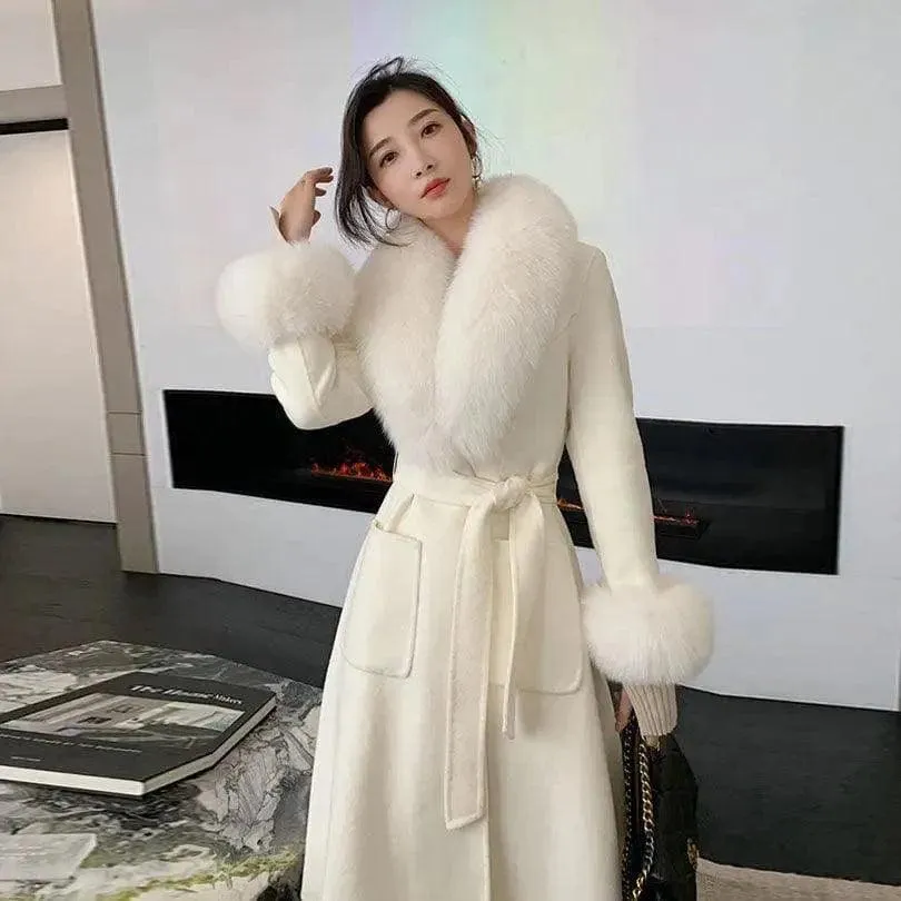 Korean Version Large Fur Collar Slim Fit Medium Long Woolen