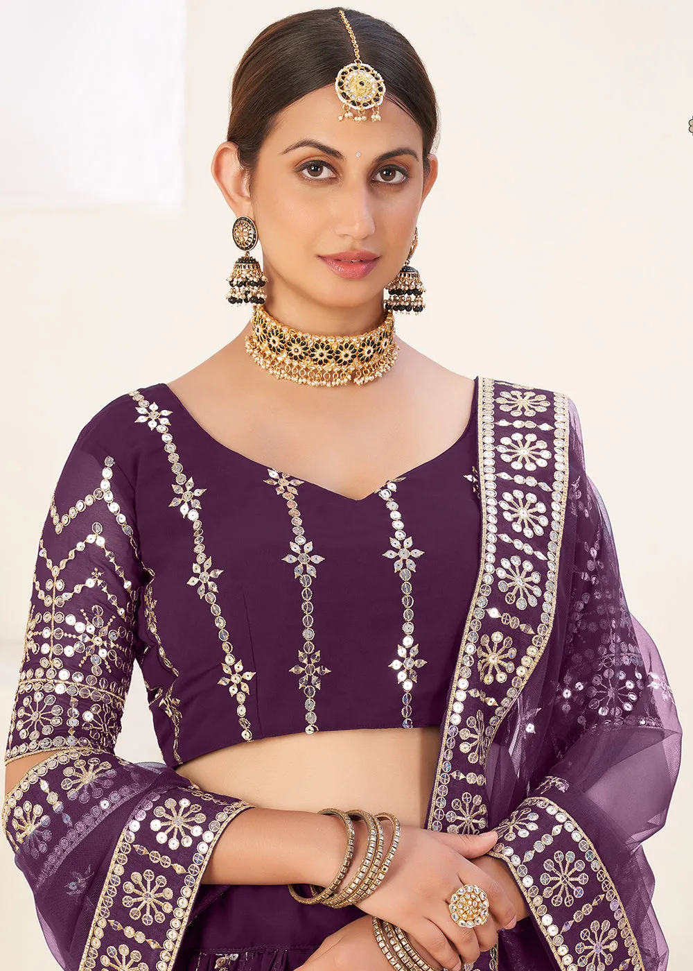 Latest Purple Bordered Sequins Sangeet Wear Lehenga Choli