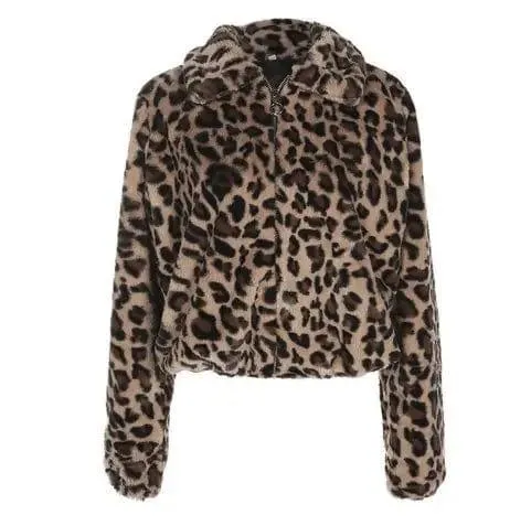 Leopard-print furry versatile loose casual woolen coat