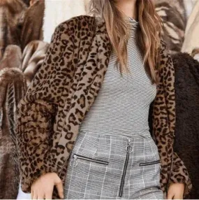 Leopard-print furry versatile loose casual woolen coat