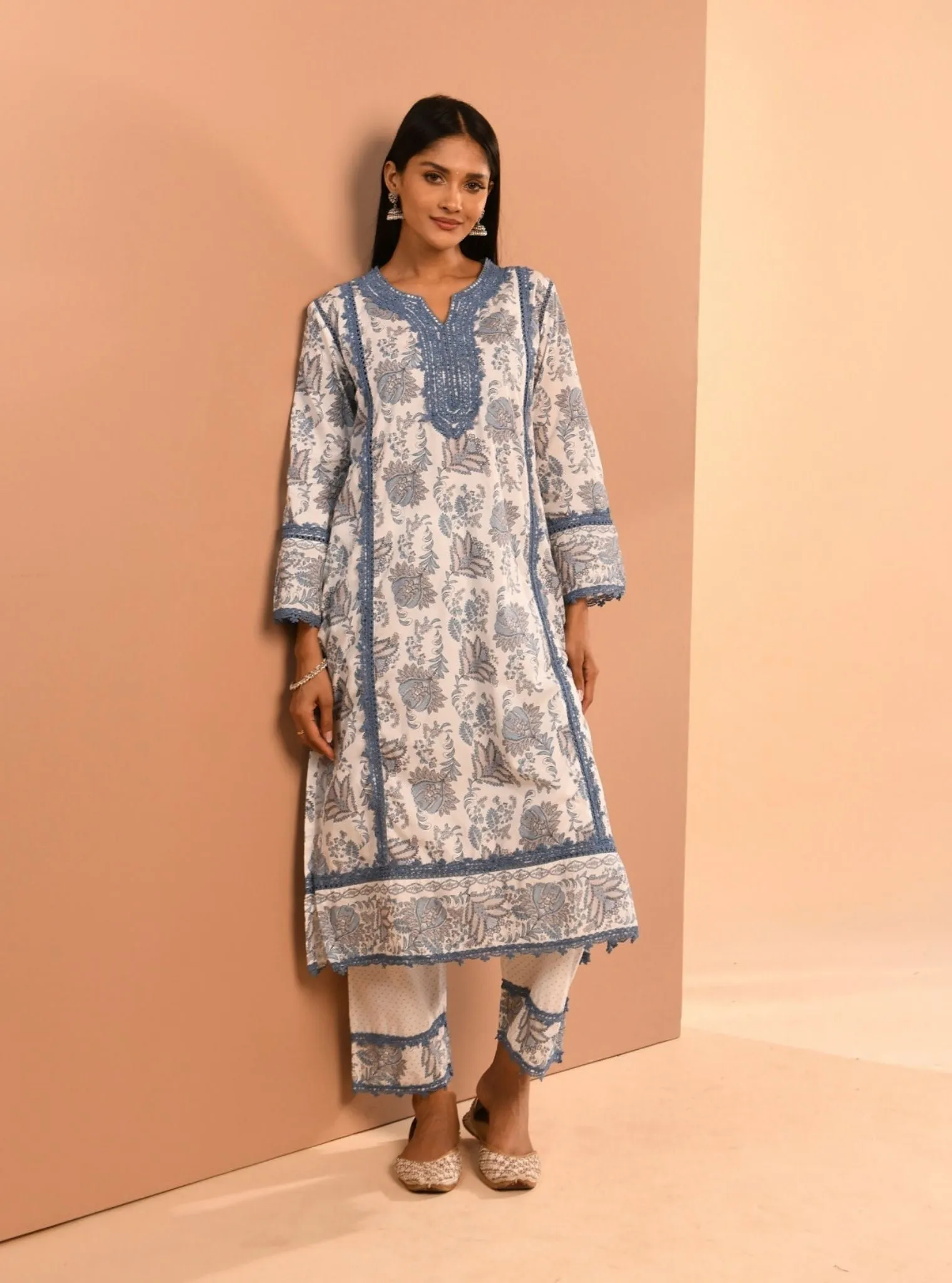 Mulmul Cotton Esti Blue Kurta With Mulmul Esti Blue Pant