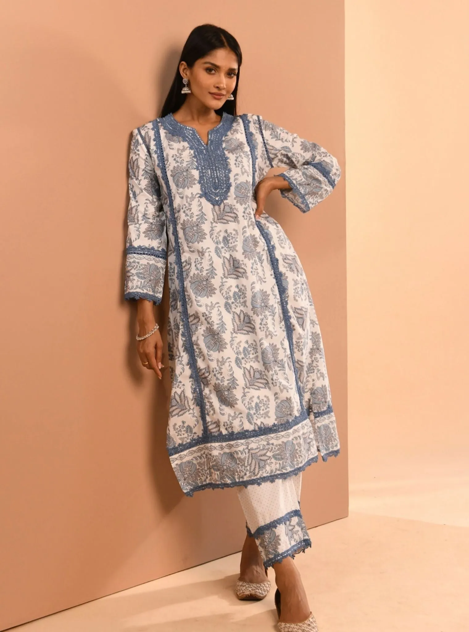 Mulmul Cotton Esti Blue Kurta With Mulmul Esti Blue Pant