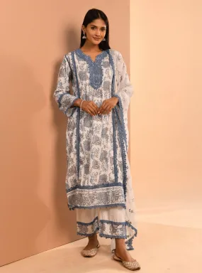 Mulmul Cotton Esti Blue Kurta With Mulmul Esti Blue Pant