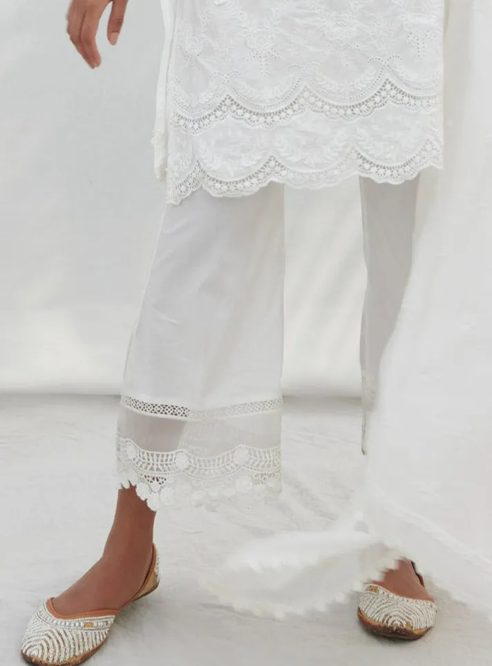 Mulmul Cotton Floral Lace Flared White Pant