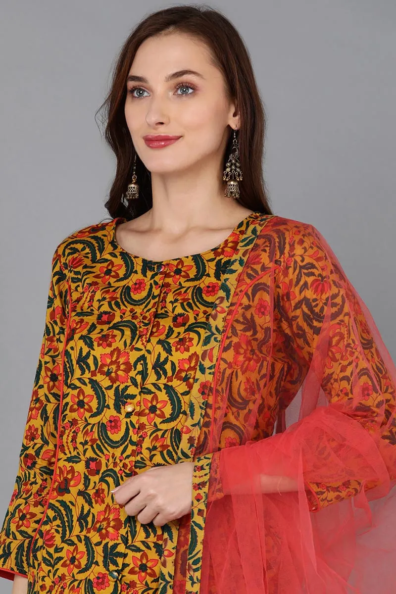 Mustard Rayon Blend Floral A-Line Kurta Pant With Dupatta