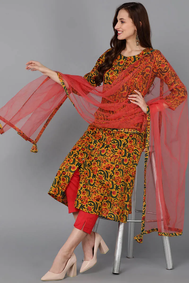 Mustard Rayon Blend Floral A-Line Kurta Pant With Dupatta