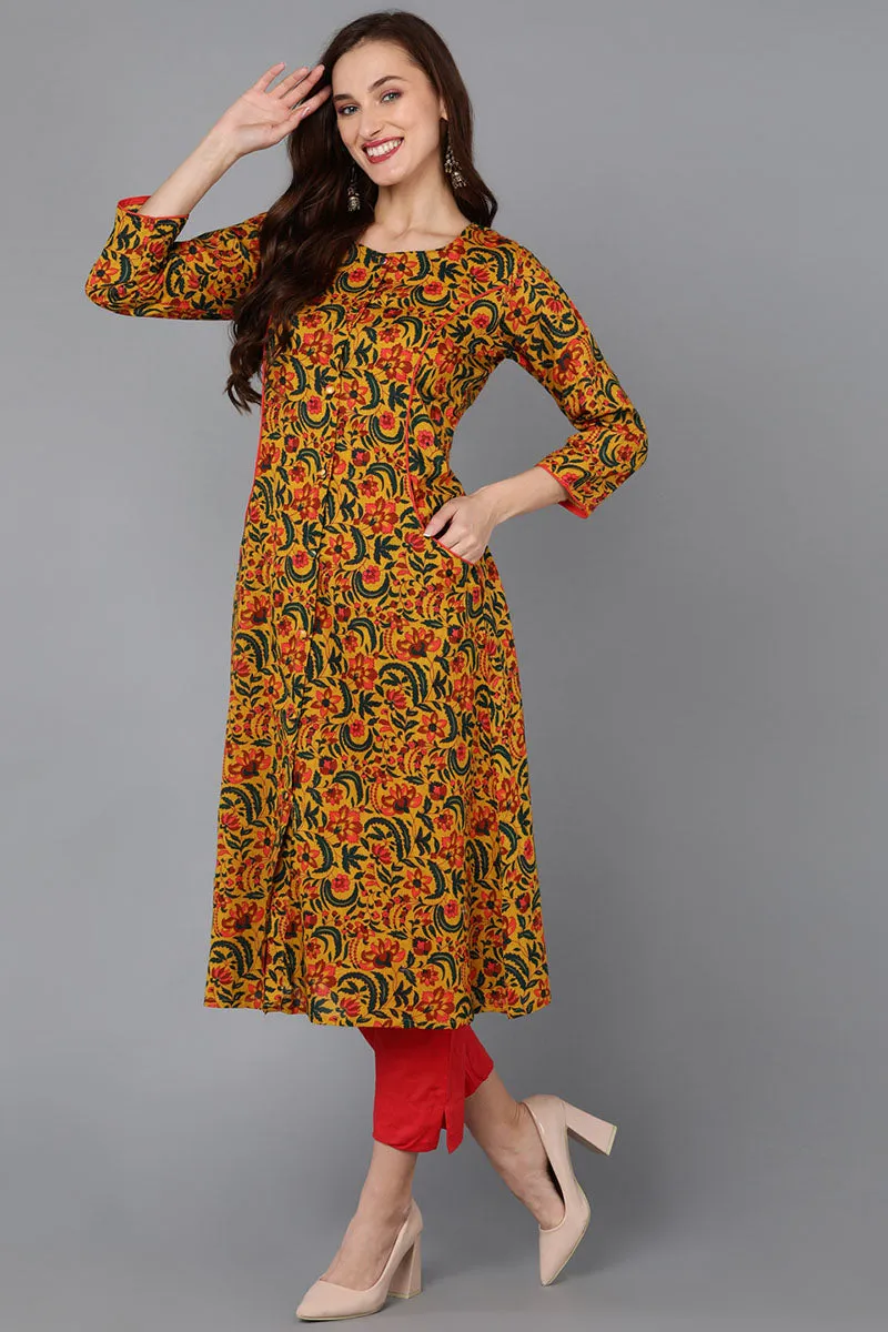 Mustard Rayon Blend Floral A-Line Kurta Pant With Dupatta