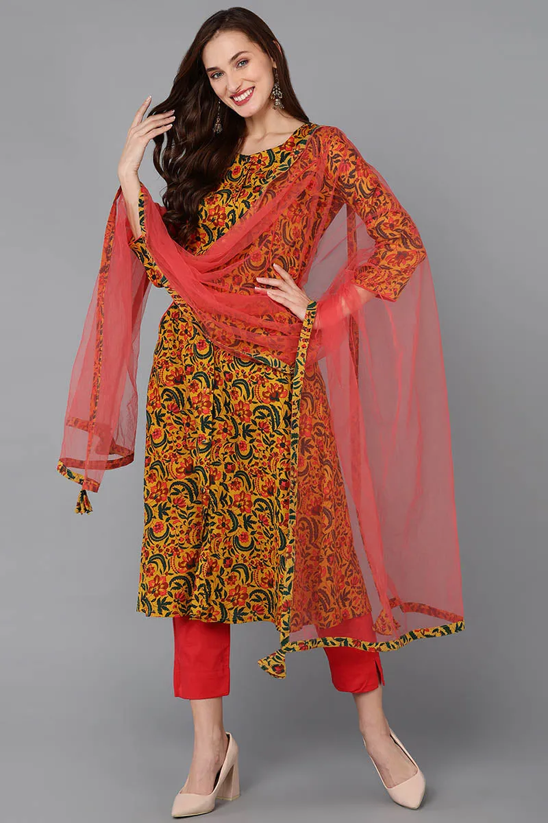 Mustard Rayon Blend Floral A-Line Kurta Pant With Dupatta