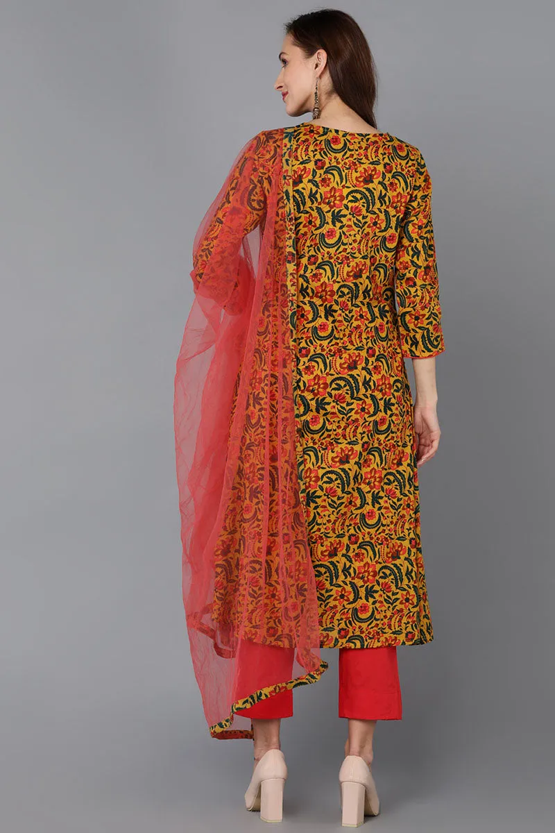 Mustard Rayon Blend Floral A-Line Kurta Pant With Dupatta