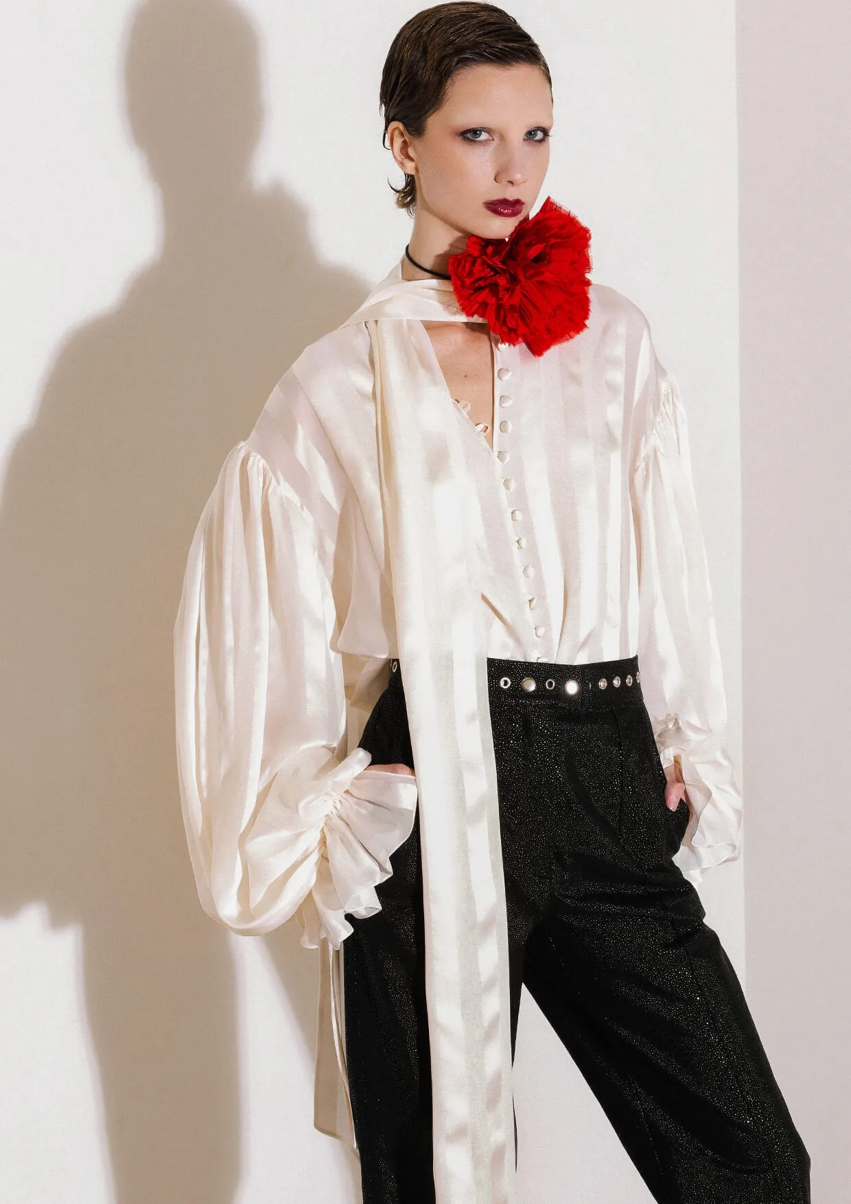 Non-Detachable Bow Silk Blouse