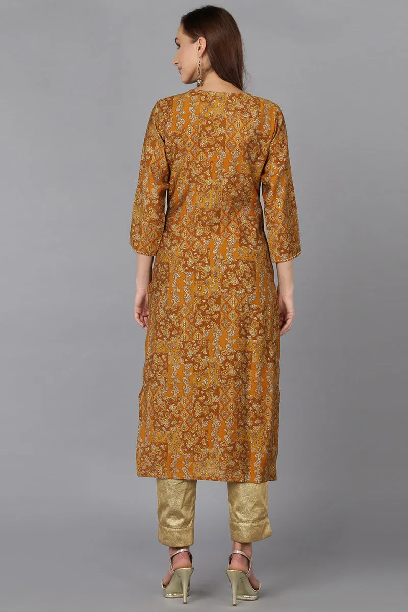 Ochre Yellow Cotton Blend Printed Kurta