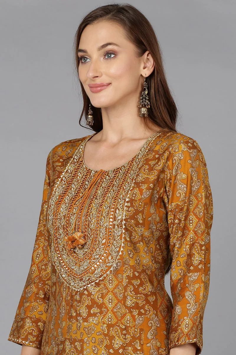 Ochre Yellow Cotton Blend Printed Kurta