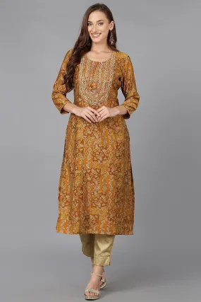 Ochre Yellow Cotton Blend Printed Kurta