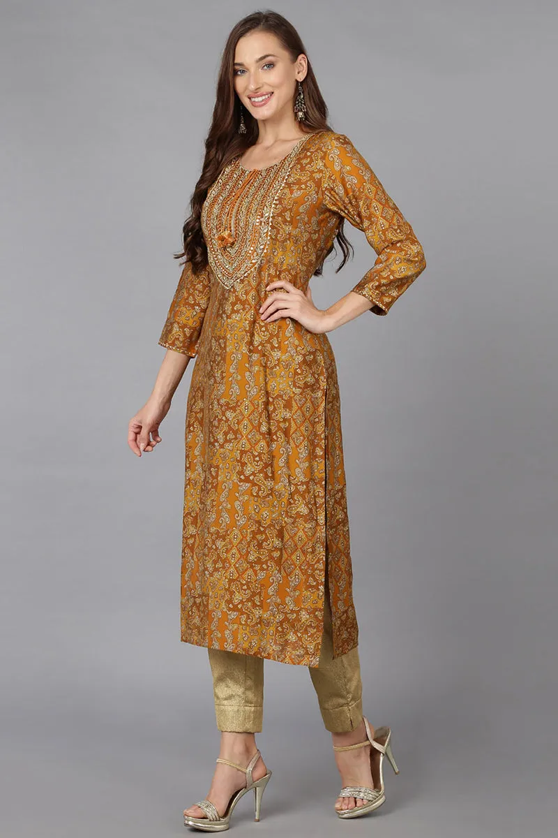 Ochre Yellow Cotton Blend Printed Kurta