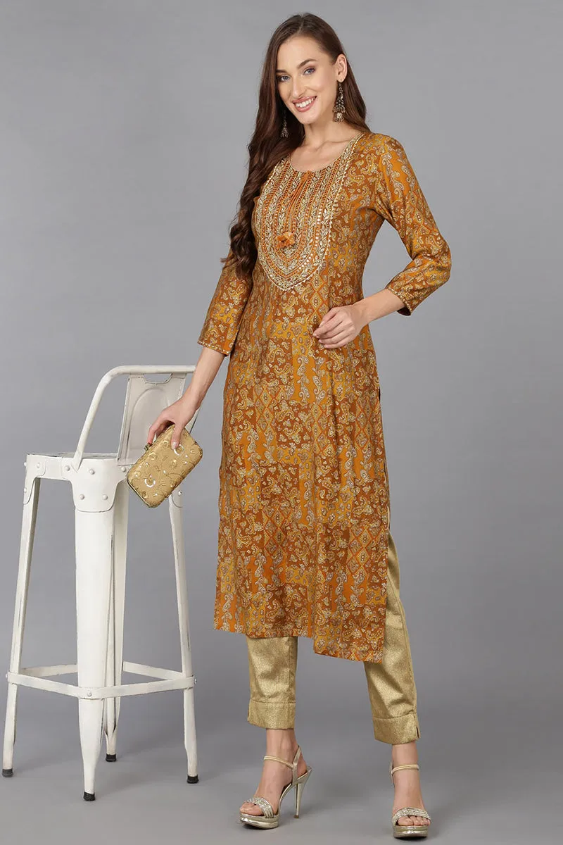 Ochre Yellow Cotton Blend Printed Kurta