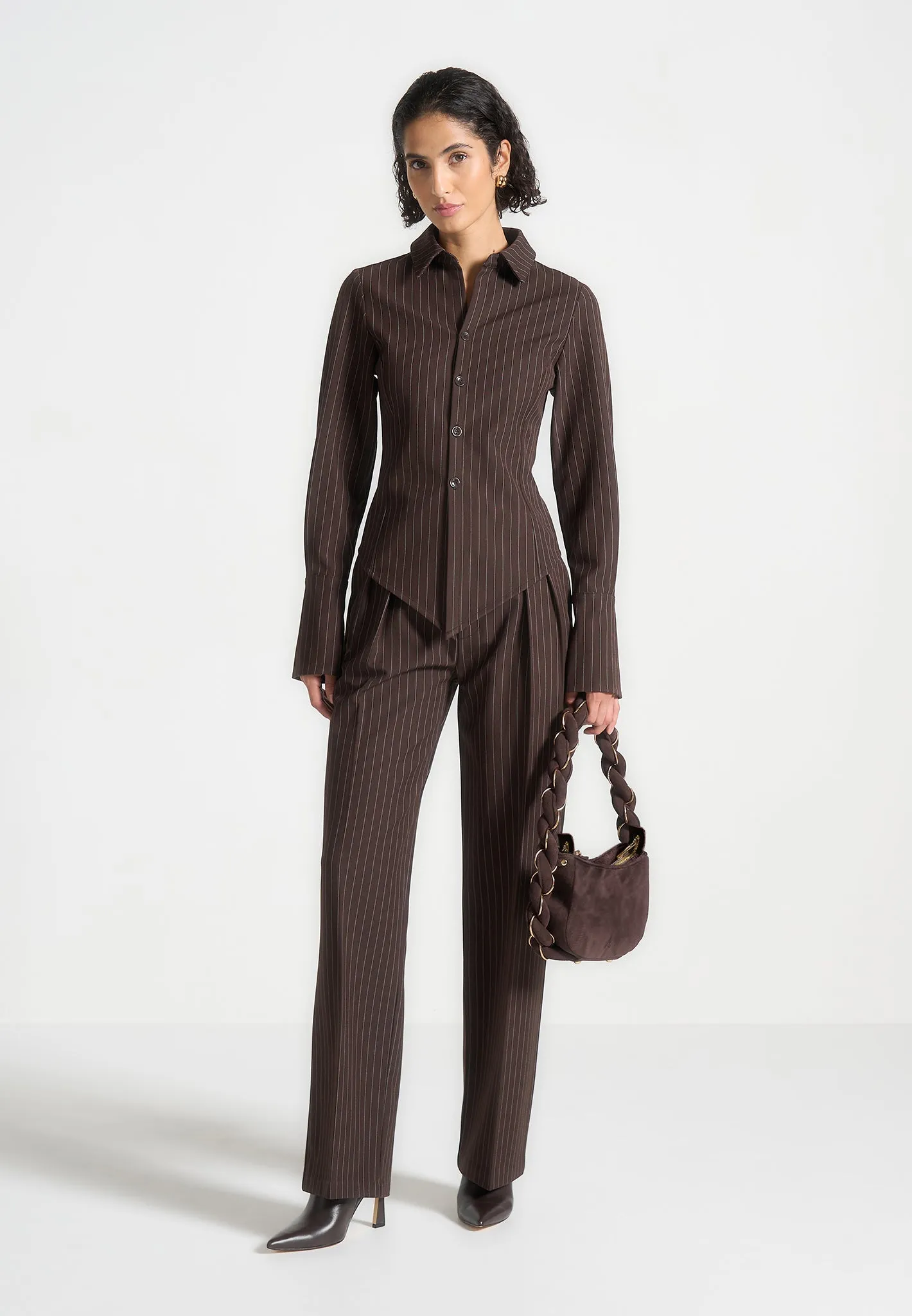 Pinstripe Angled Shirt - Brown