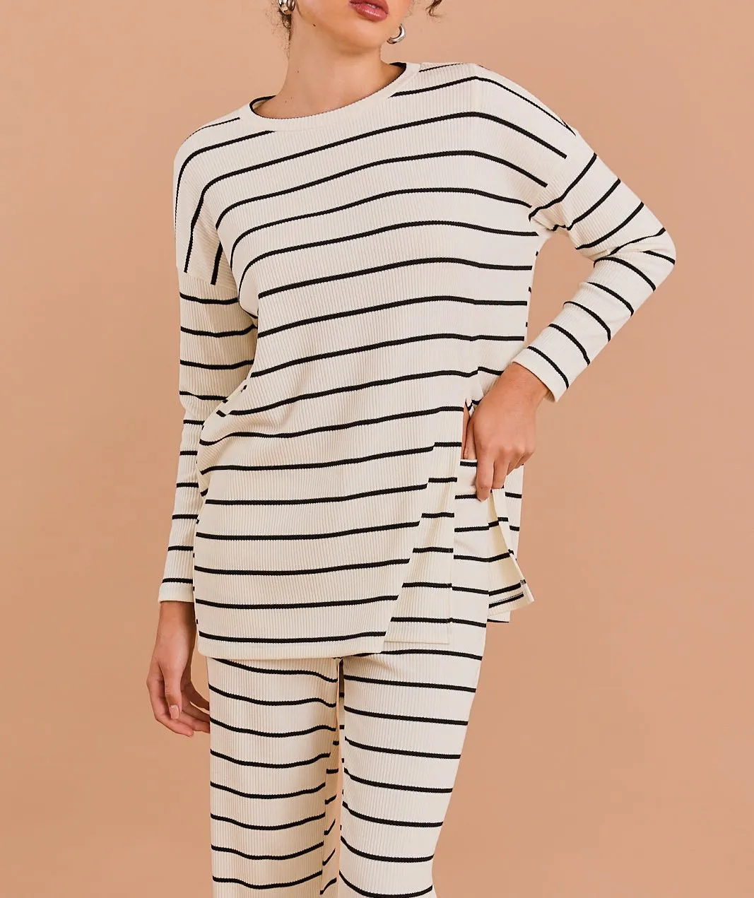 Rhythm in Lines Round Neck Striped Long Sleeve Top in Cream/Black