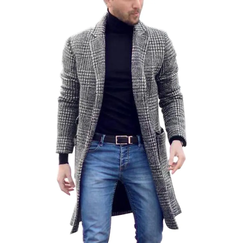 Single-Breasted Plaid Pattern Polyester Coat