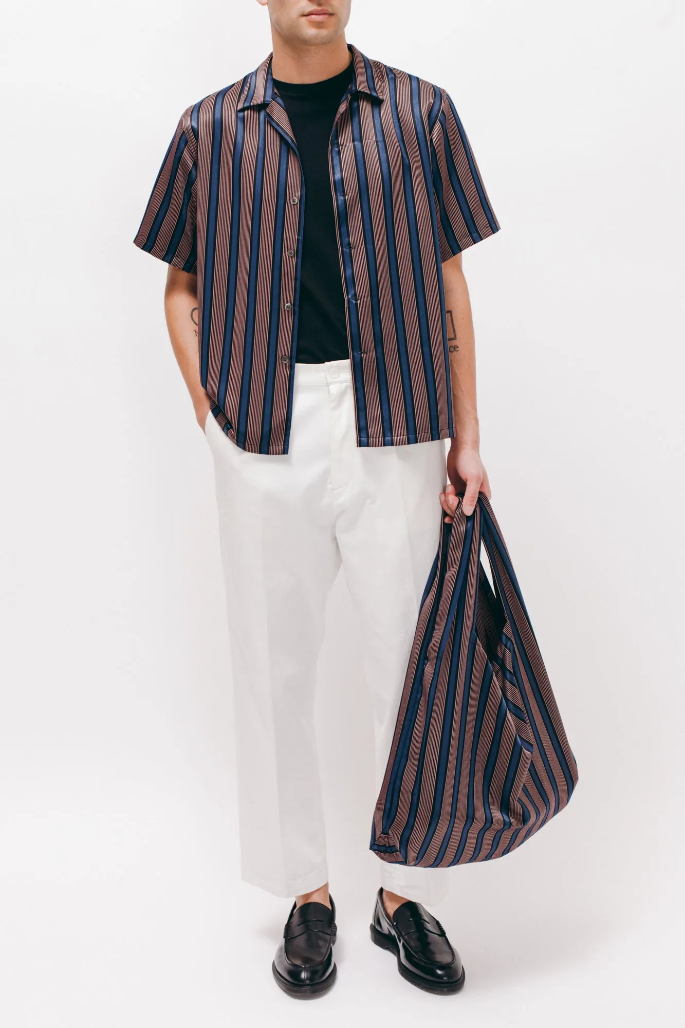 Stripe Rayon Market Tote - Navy