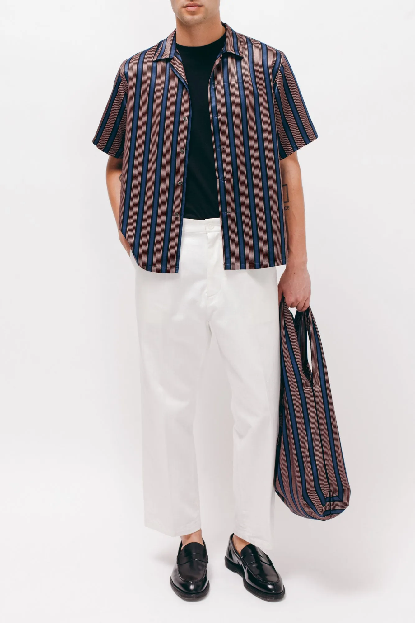 Stripe Rayon Market Tote - Navy