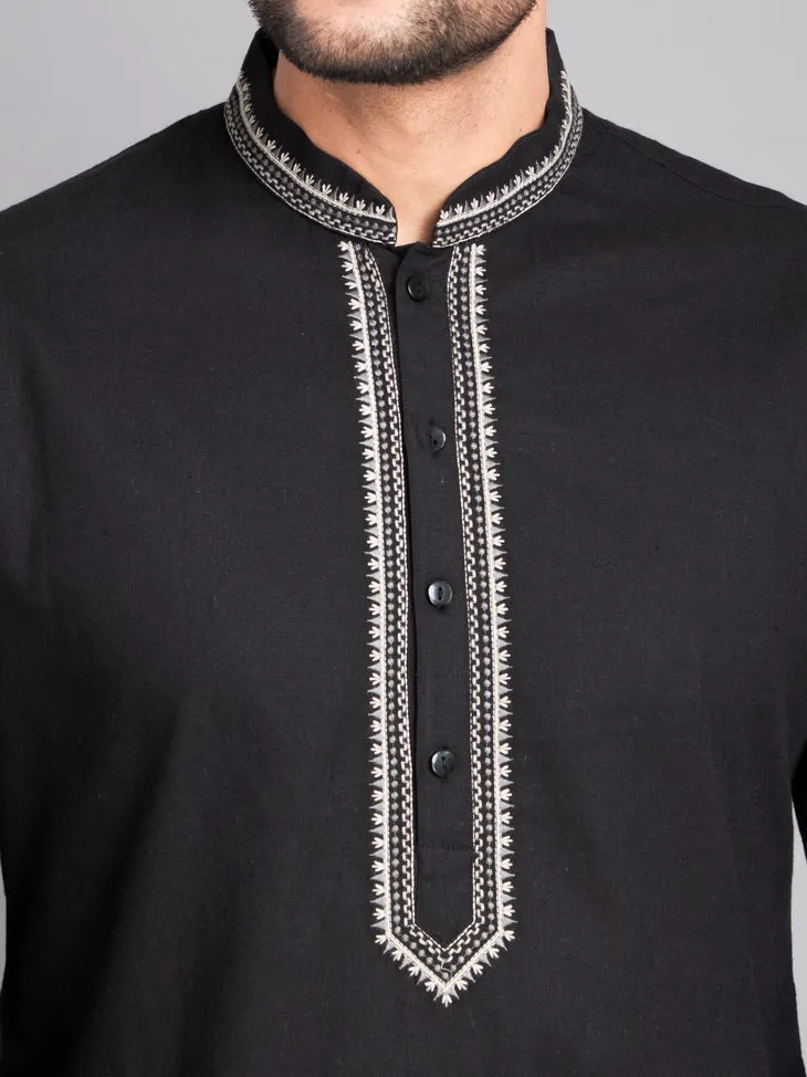 SUTI MEN'S BLACK COTTON LINEN EMBROIDERED KURTA