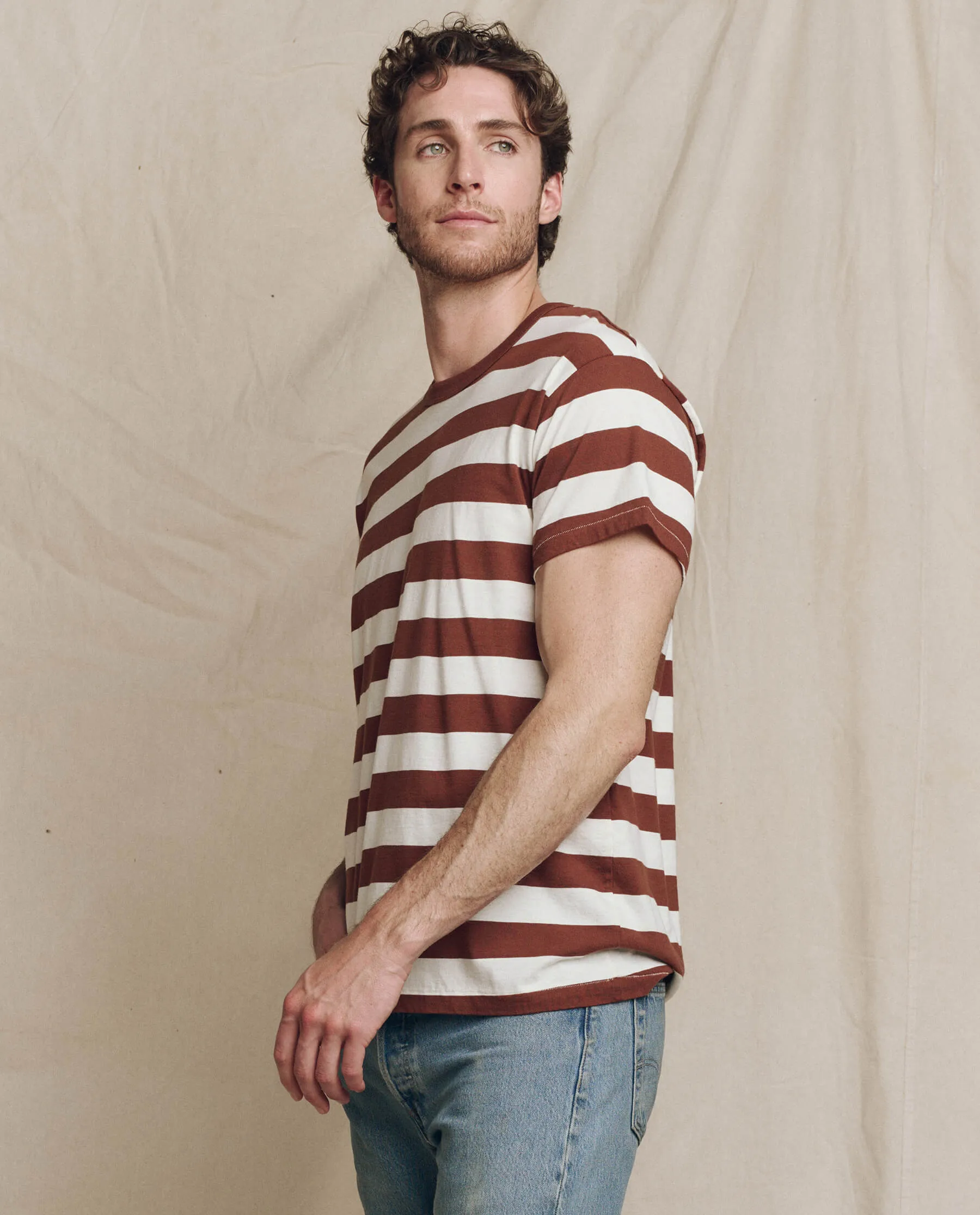 The Men's Boxy Crew. Solid -- Cognac Stripe