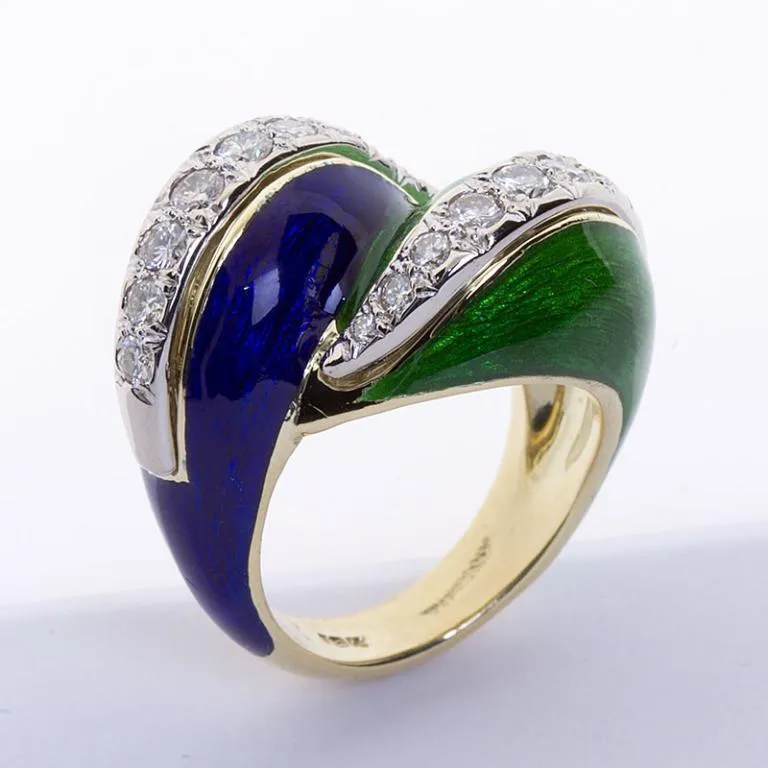 TIFFANY & Co. Blue & Green Enamel Paillonné Ring