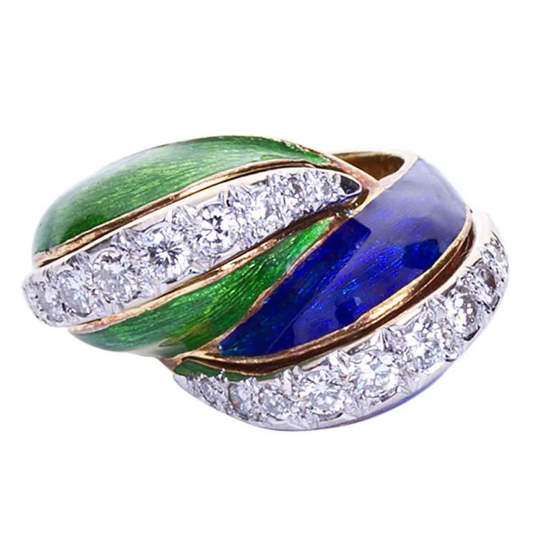 TIFFANY & Co. Blue & Green Enamel Paillonné Ring