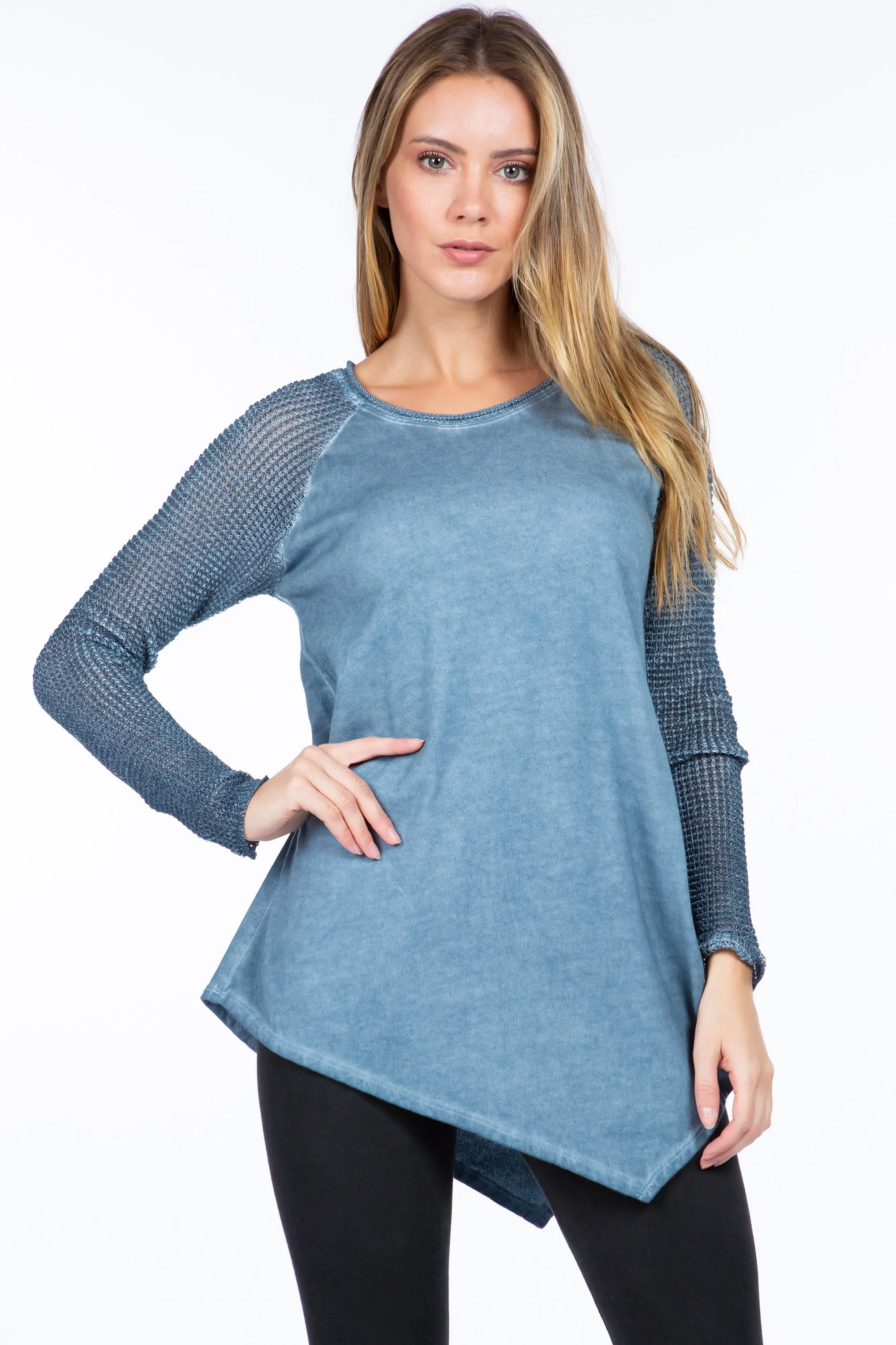 Waffled Raglan Tunic with Asymmetric Hem