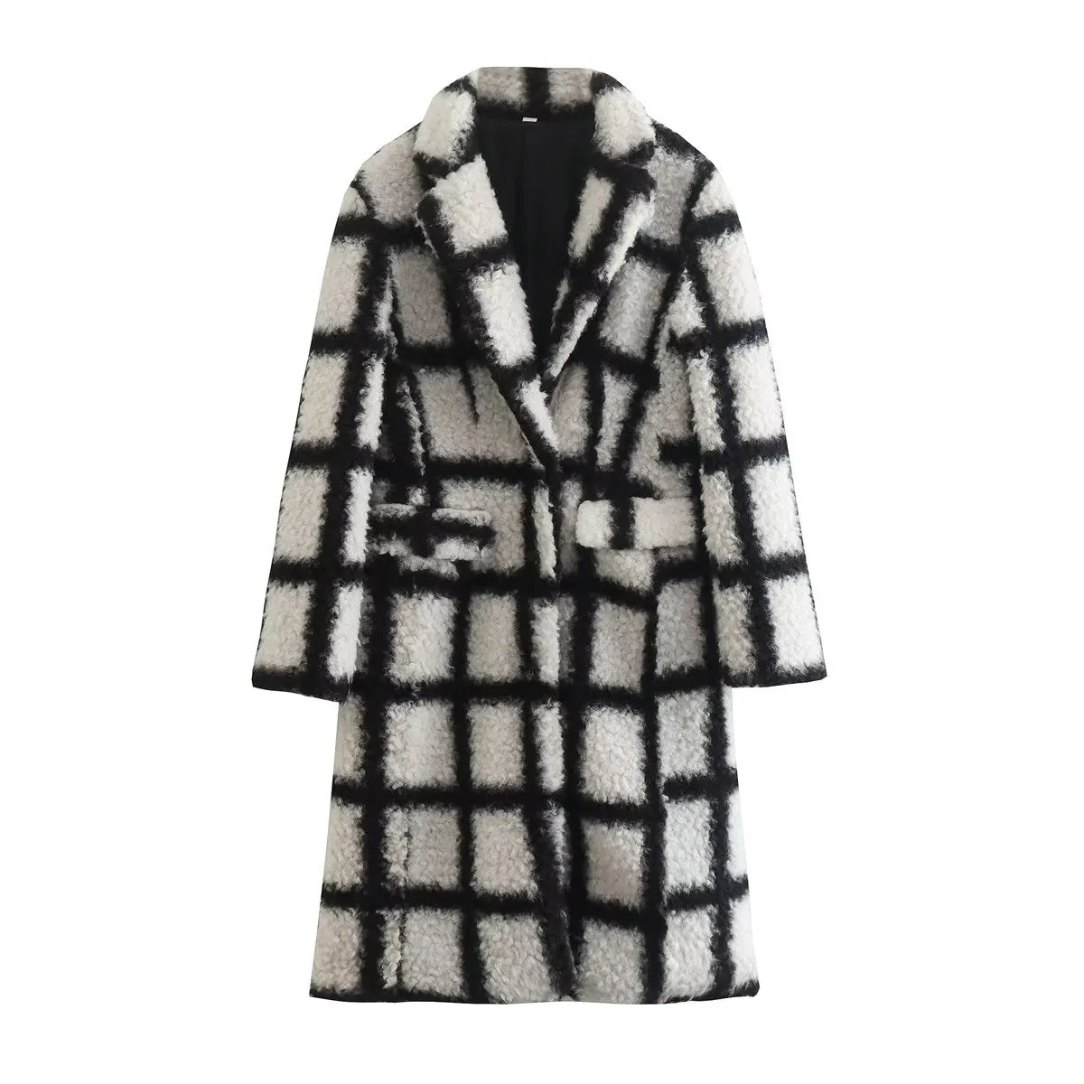 Winter Fashionable Black White Plaid Retro Slim Back Slit Lamb Woolen Coat