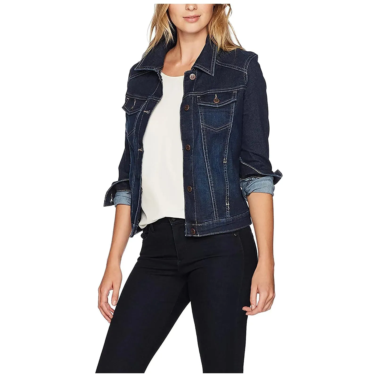 Women's Casual Cropped Denim Jacket Western Basic Lapel Button Up Long Sleeve Trucker Jean Jacket Biker Coat Tops